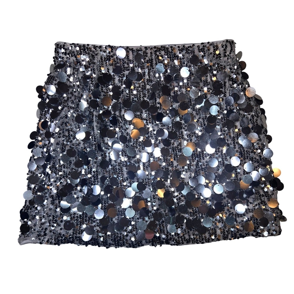 Silver Sequin Mini Skirt Metallic Disc Party Festival Night Out Shiny Womens